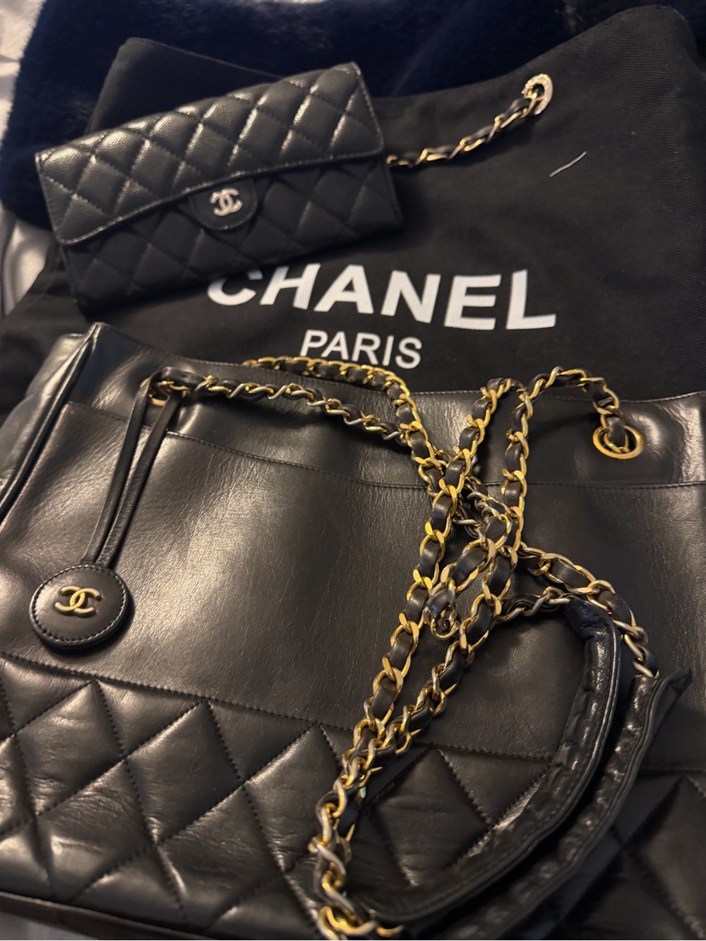 CHANEL Black Quilted Leather Shoulder Bag with Gold Chain, wallet and bonus tote